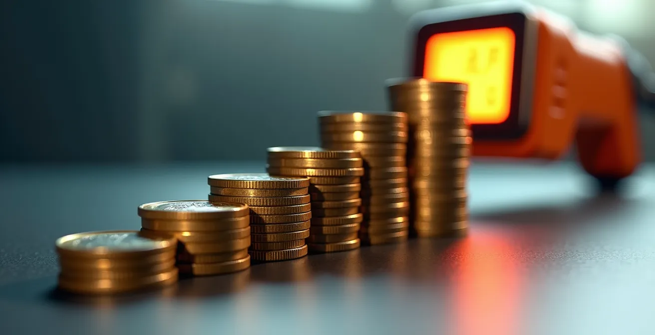 Vue macro de pièces de monnaie empilées avec thermomètre infrarouge professionnel