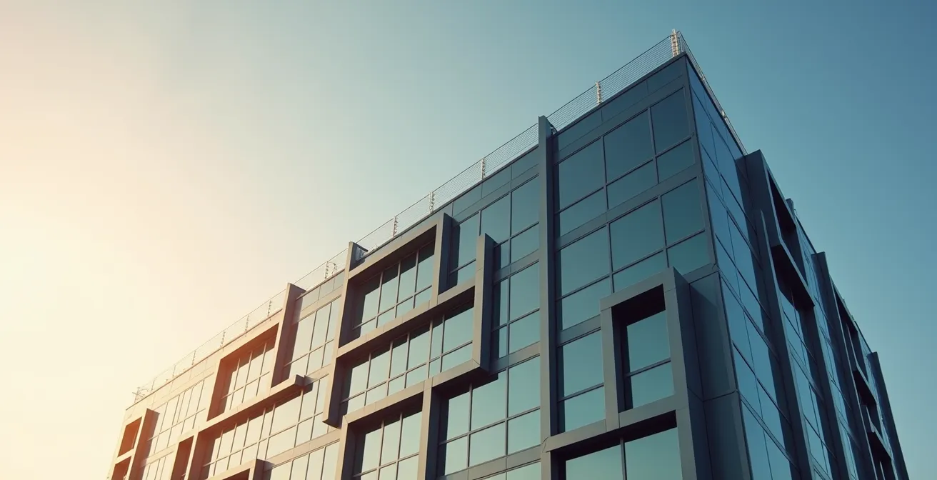 Vue architecturale minimaliste d'un bâtiment tertiaire moderne avec jeux d'ombres