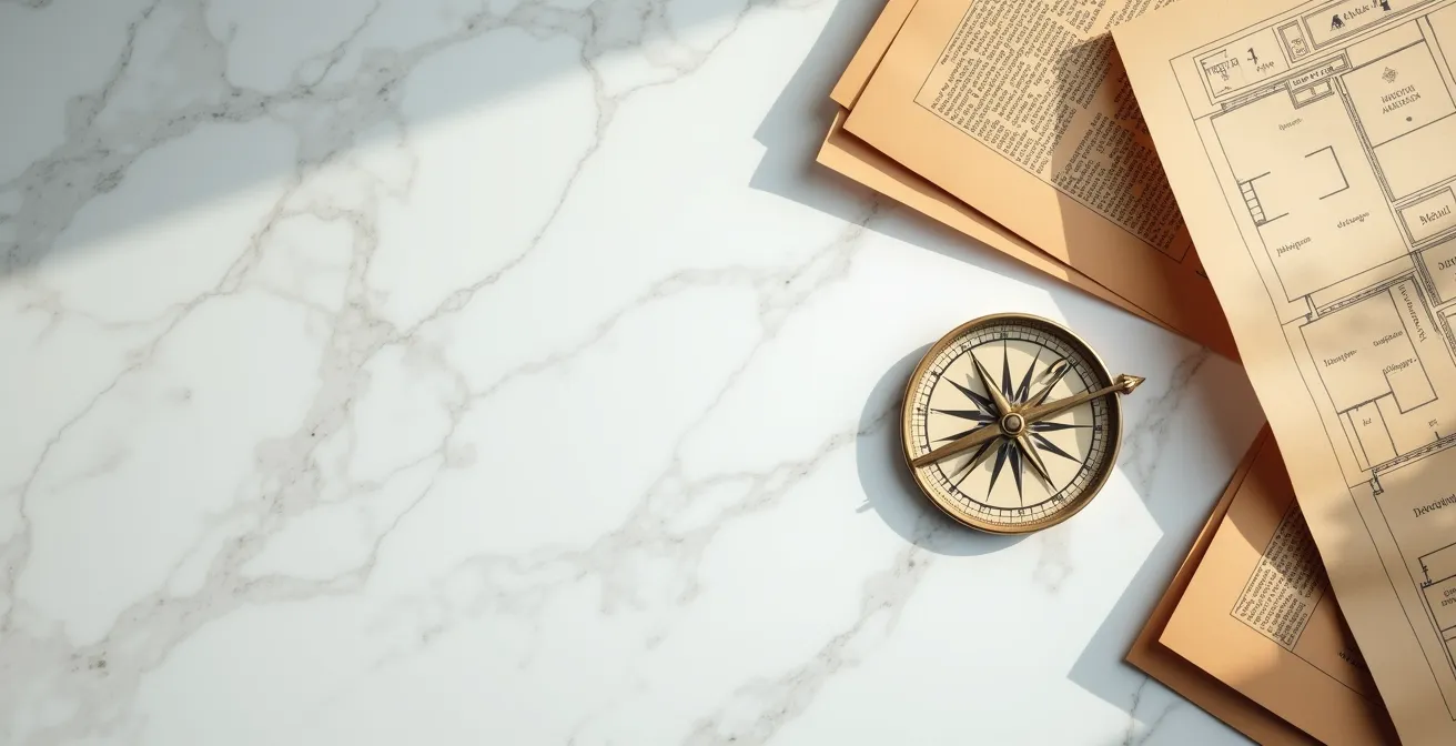 Vue aérienne minimaliste d'un bureau avec calendrier, chronomètre et documents organisés