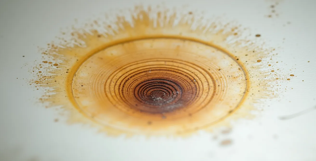 Détail macro d'une tache d'humidité sur un plafond montrant les variations de texture et couleur