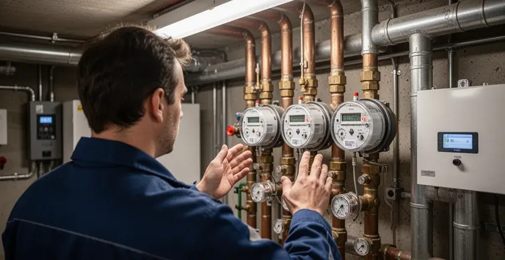 Technicien examinant équipements chaufferie collective lors diagnostic DTG