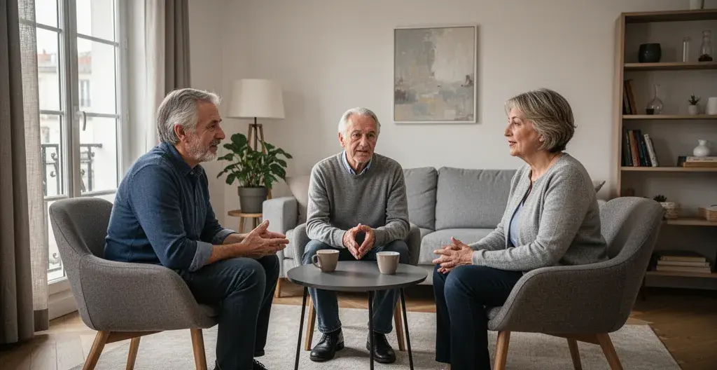 Membres du conseil syndical discutant budget DTG en réunion copropriété