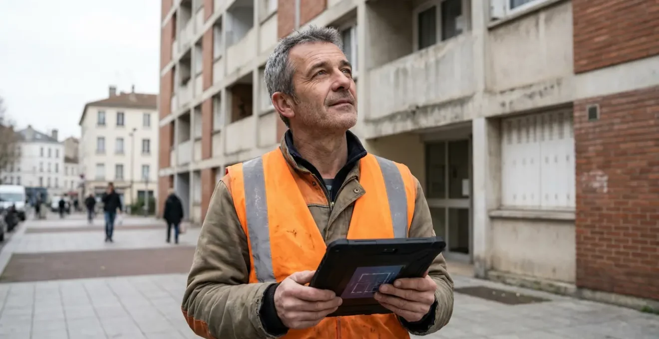 Technicien diagnostiqueur inspectant façade immeuble résidentiel pour DTG copropriété