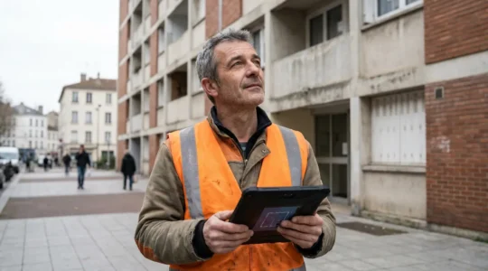 Technicien diagnostiqueur inspectant façade immeuble résidentiel pour DTG copropriété
