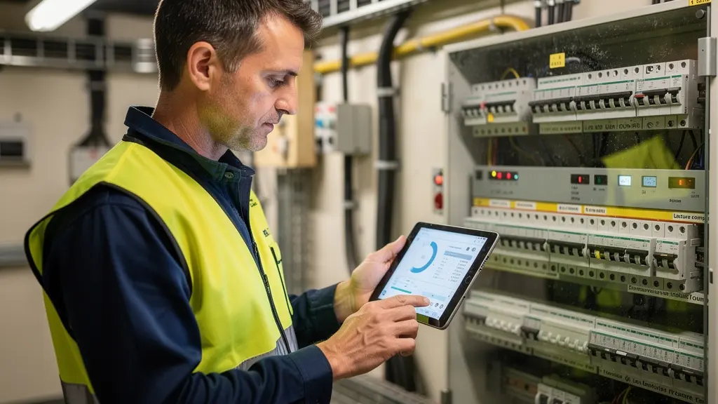 Technicien réalisant un audit énergétique devant des compteurs industriels