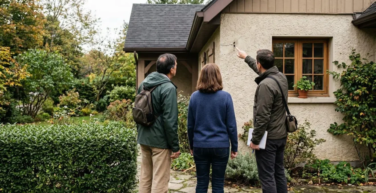 Diagnostiqueur expliquant les déperditions thermiques d'une façade à un couple propriétaire