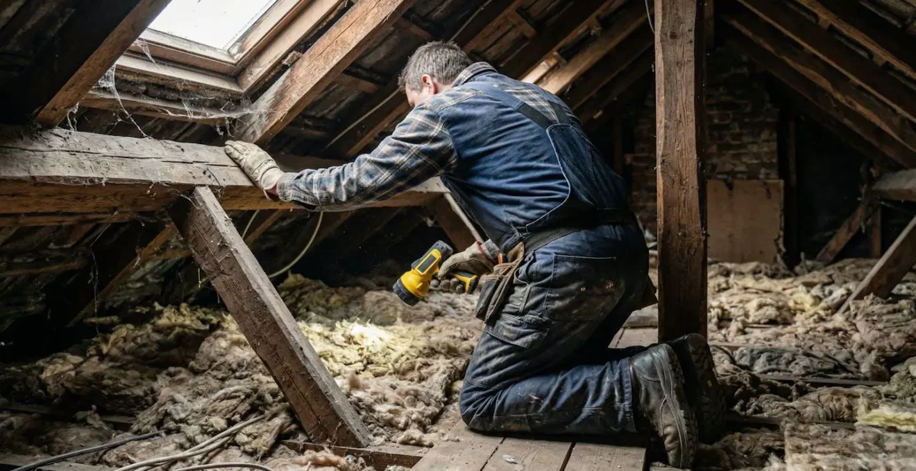 Technicien diagnostiqueur inspectant l'isolation des combles d'une maison ancienne