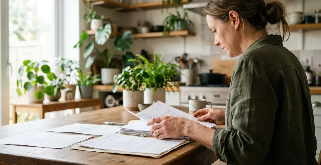 Propriétaire comparant des documents d'audit énergétique et de devis sur une table