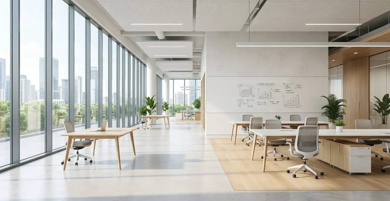 Bureau contemporain d'une PME avec grande baie vitrée laissant entrer la lumière naturelle, tableau blanc au mur montrant un schéma flouté de répartition des émissions carbone