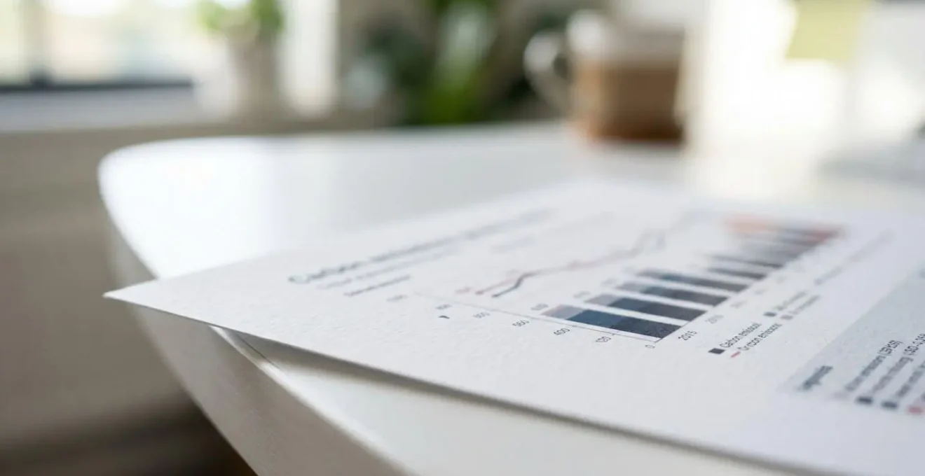 Gros plan macro sur un graphique imprimé montrant des courbes d'émissions carbone, posé sur une surface de bureau blanche contemporaine, avec mise au point sélective sur la texture du papier et données chiffrées floues en arrière-plan
