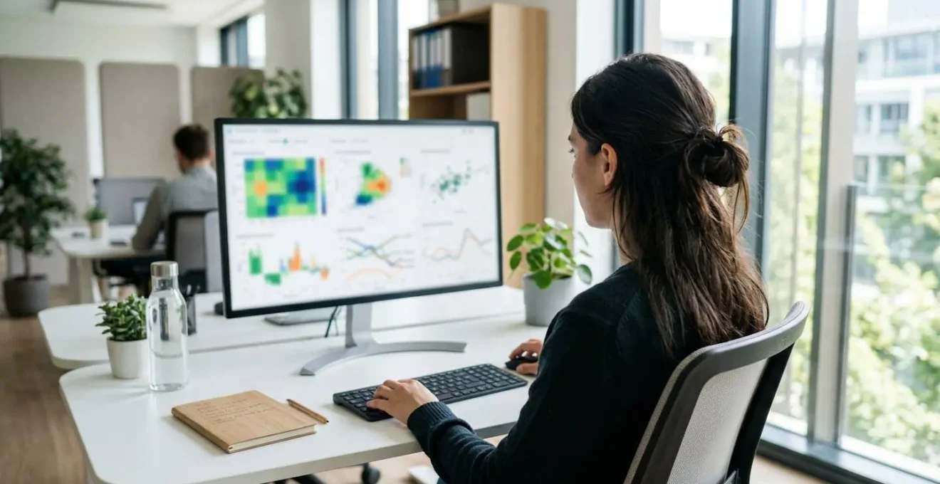 Vue par-dessus l'épaule d'une personne analysant des graphiques de données environnementales sur un écran d'ordinateur flouté, dans un bureau contemporain lumineux avec lumière naturelle