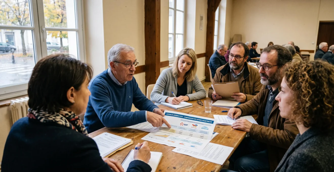 Des copropriétaires comparent des offres d'électricité lors d'une assemblée générale.