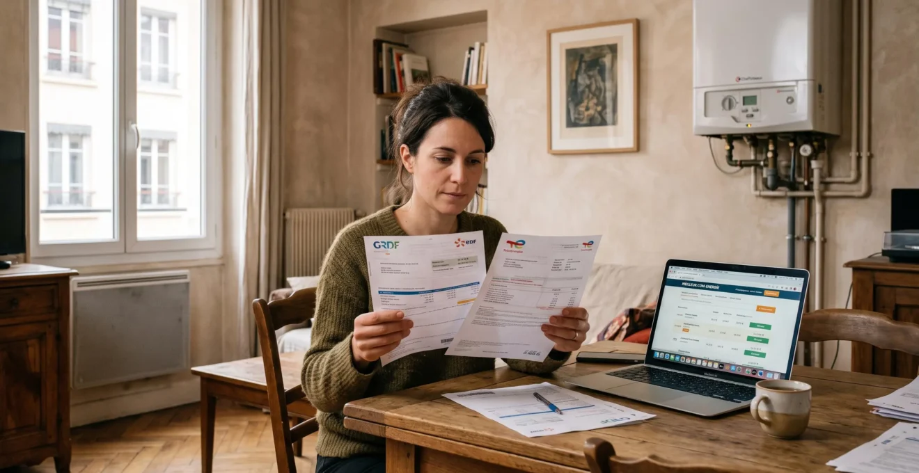 Une femme compare ses factures de gaz à domicile devant son ordinateur.