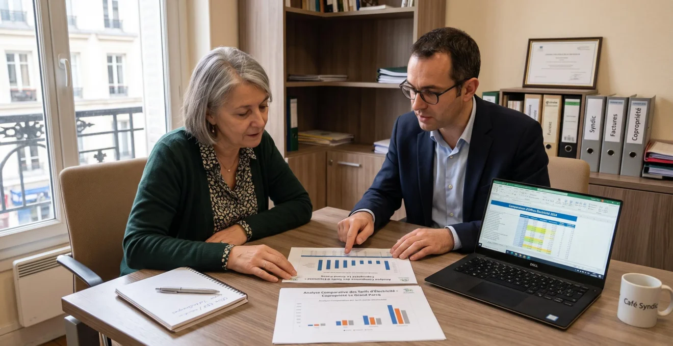 Un courtier en énergie présente une comparaison d'offres à un gestionnaire de copropriété.