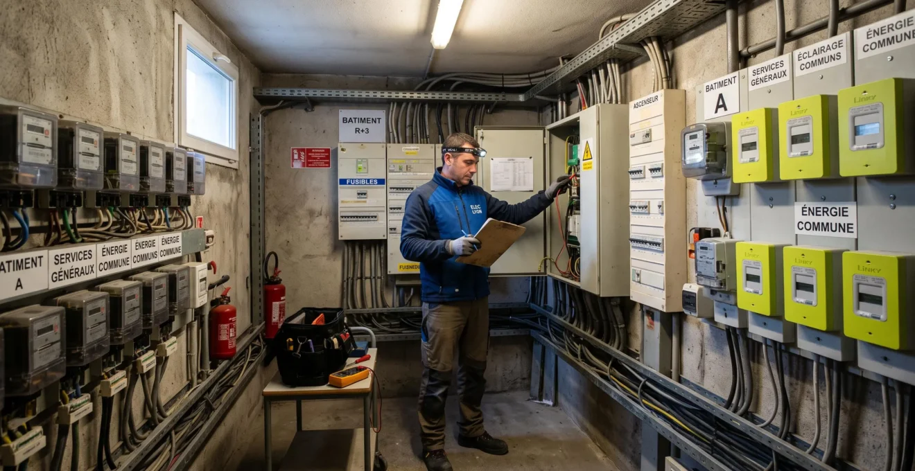 Un électricien vérifie les compteurs électriques des parties communes d'une copropriété.