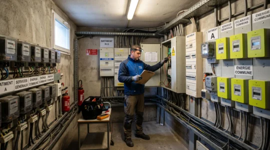 Un électricien vérifie les compteurs électriques des parties communes d'une copropriété.