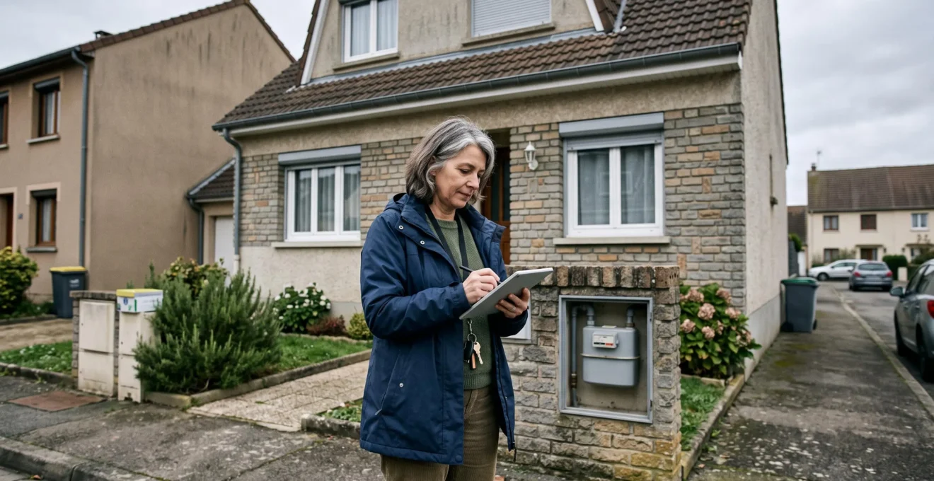 Une personne relève son compteur de gaz devant une maison en France.