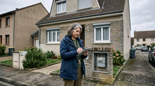 Une personne relève son compteur de gaz devant une maison en France.