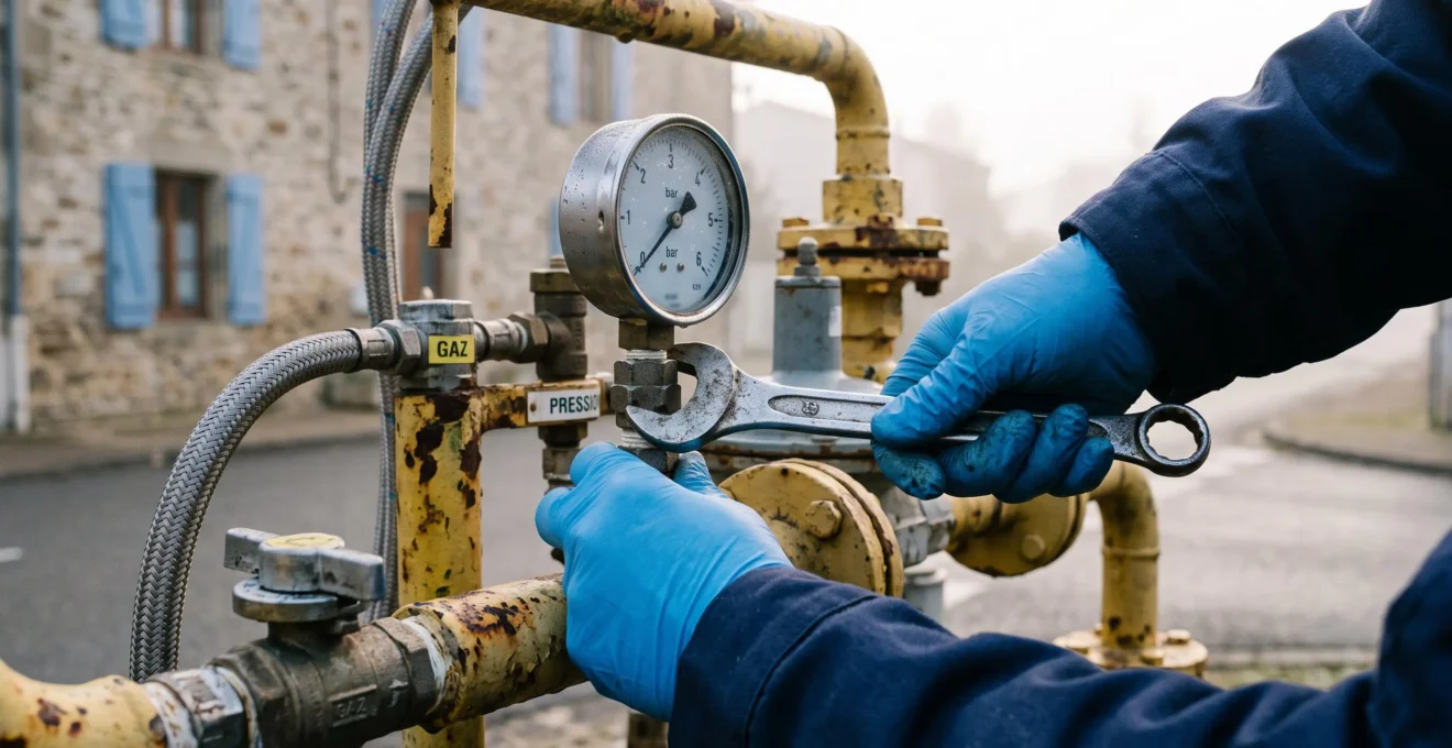 Un technicien contrôle la pression sur une installation de gaz extérieure.